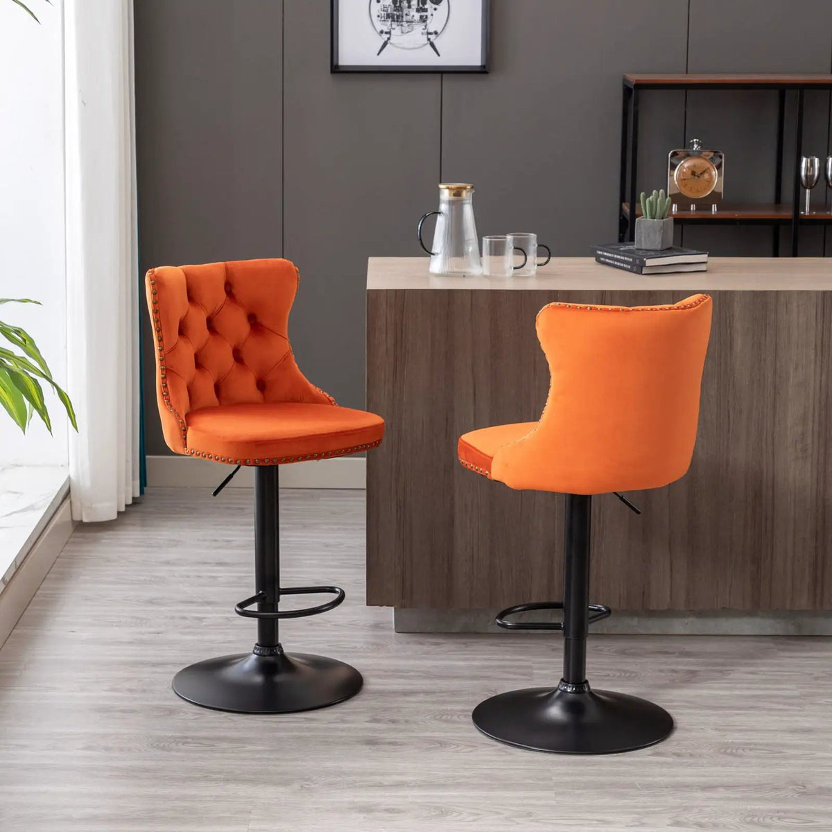 Swivel Barstools | Adjustable Height | Tufted Back With Nailheads | Set of 2