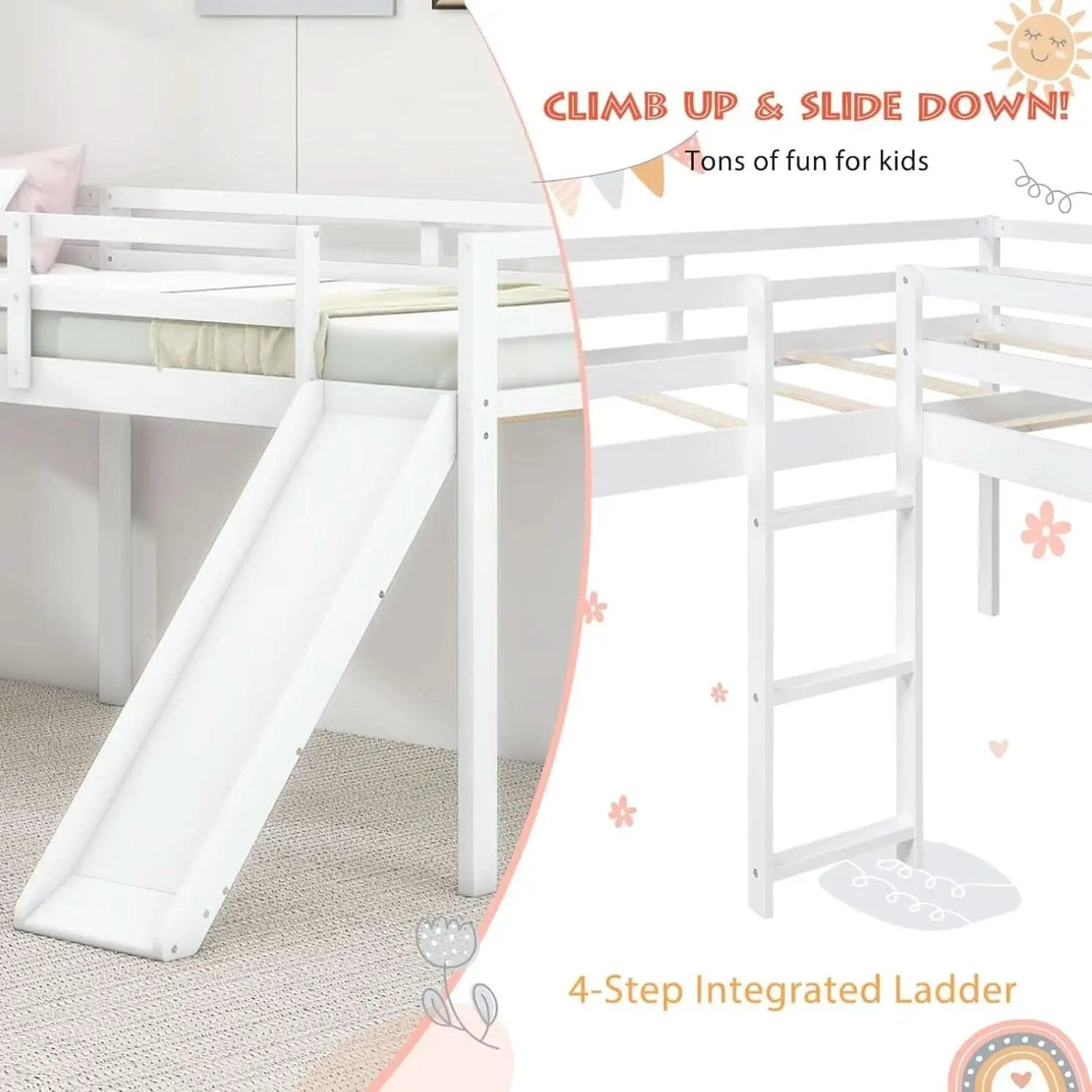 Wooden Twin Loft Bed With Slide And Ladder White For Kids Teens from PriceLows™