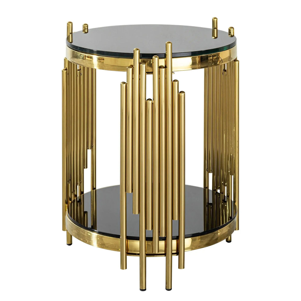 Round Side Table | Double Layer Tempered Glass Top | Mirror Finish Stainless Steel Frame | 21.65 Inch Height