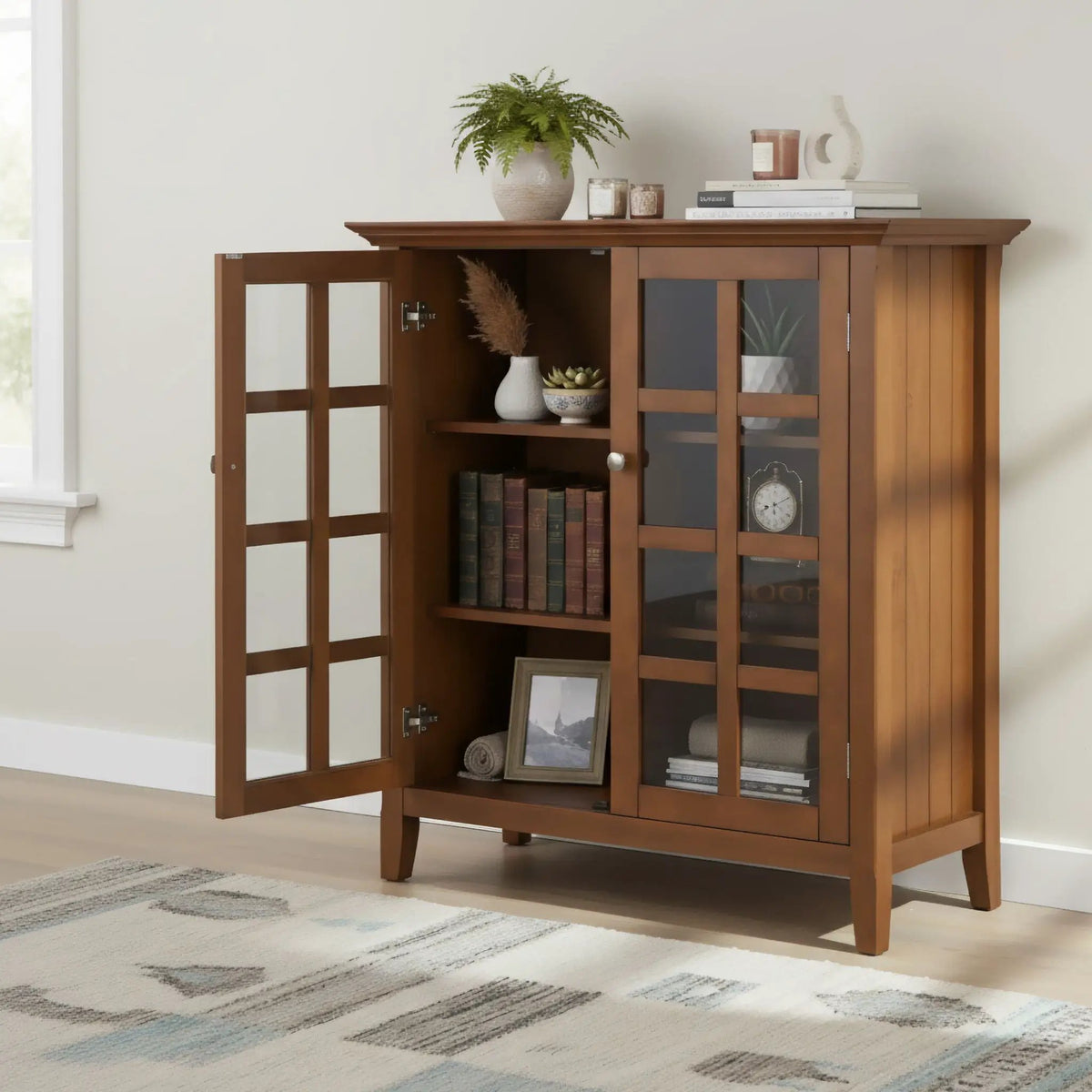 Acadian Storage Cabinet | Medium Handcrafted Solid Wood | Two Glass Doors | Two Adjustable Shelves