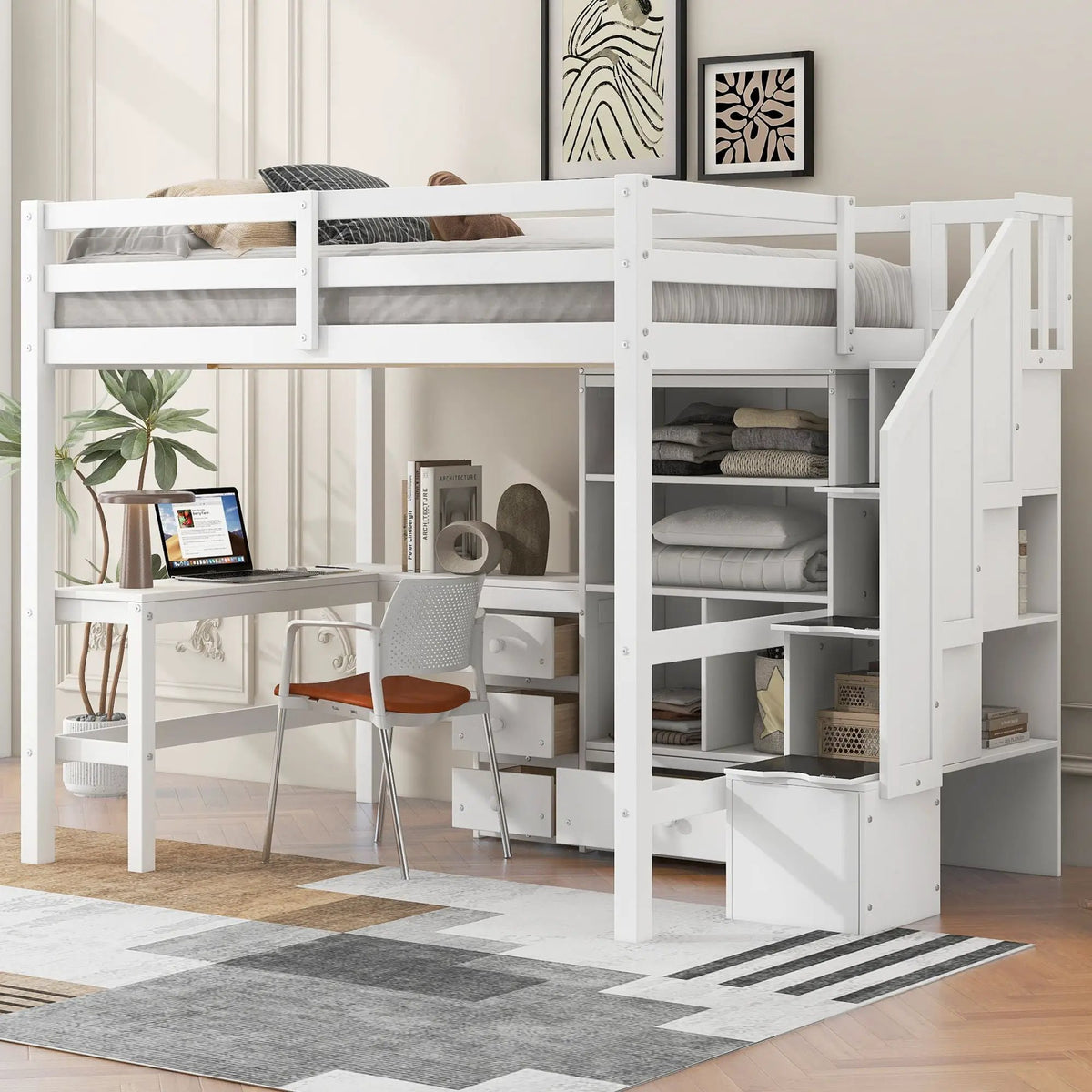 Loft Bed With L-Shaped Desk | Three Drawers | Cabinet | Storage Staircase