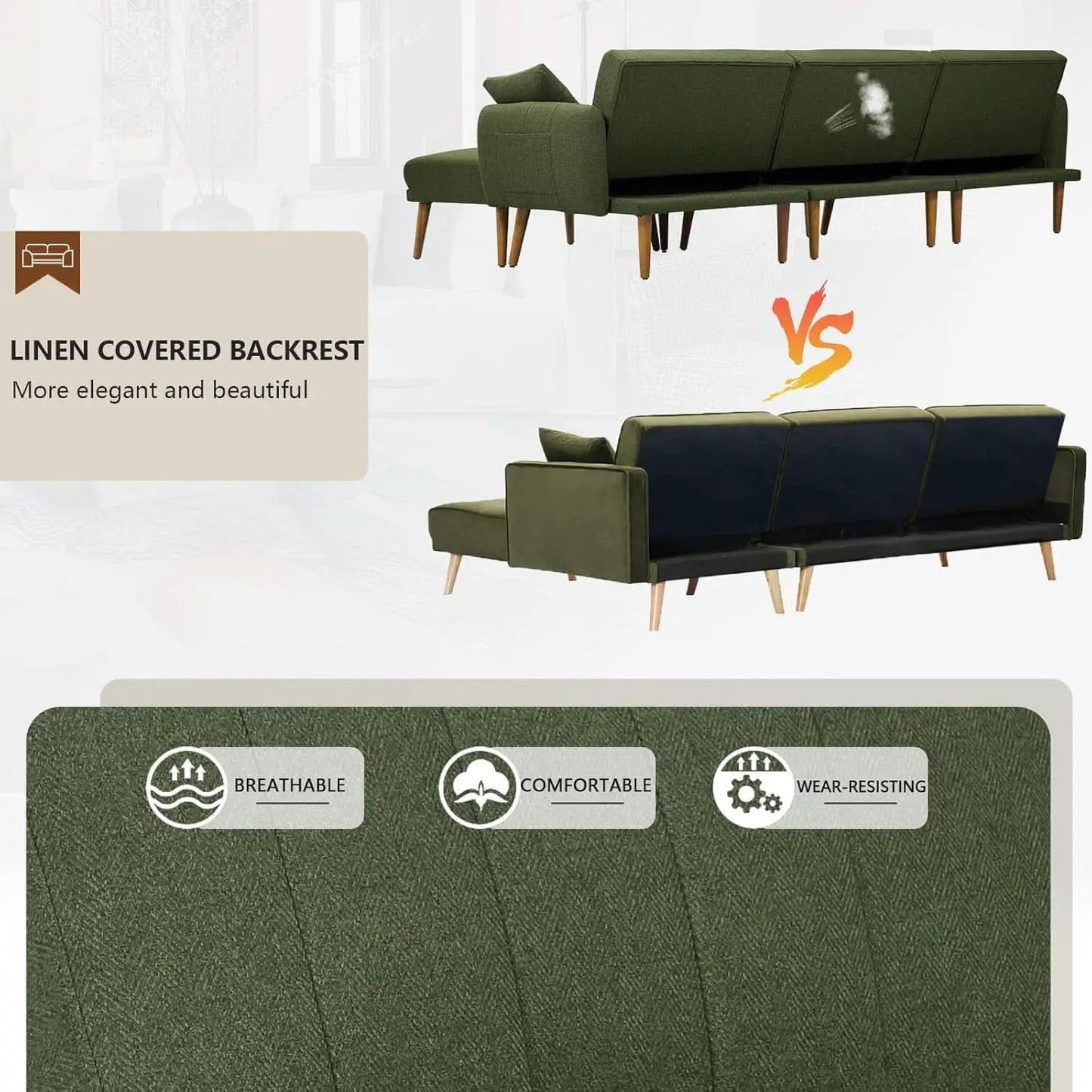 LShaped Linen Sleeper SofaBed With Reclining Backrest from PriceLows™