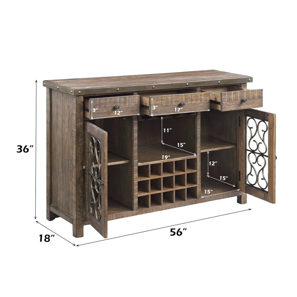 Raphaela Server With Cup Holder & Wine Rack | 18 x 56 x 36 in | Metal | Cherry