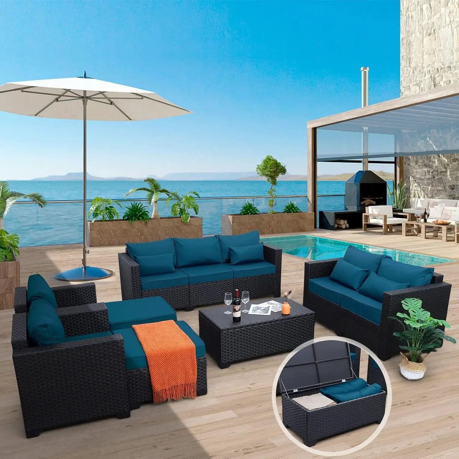 Patio Furniture Set 7 Piece Peacock Blue Anti Slip Cushions from PriceLows™