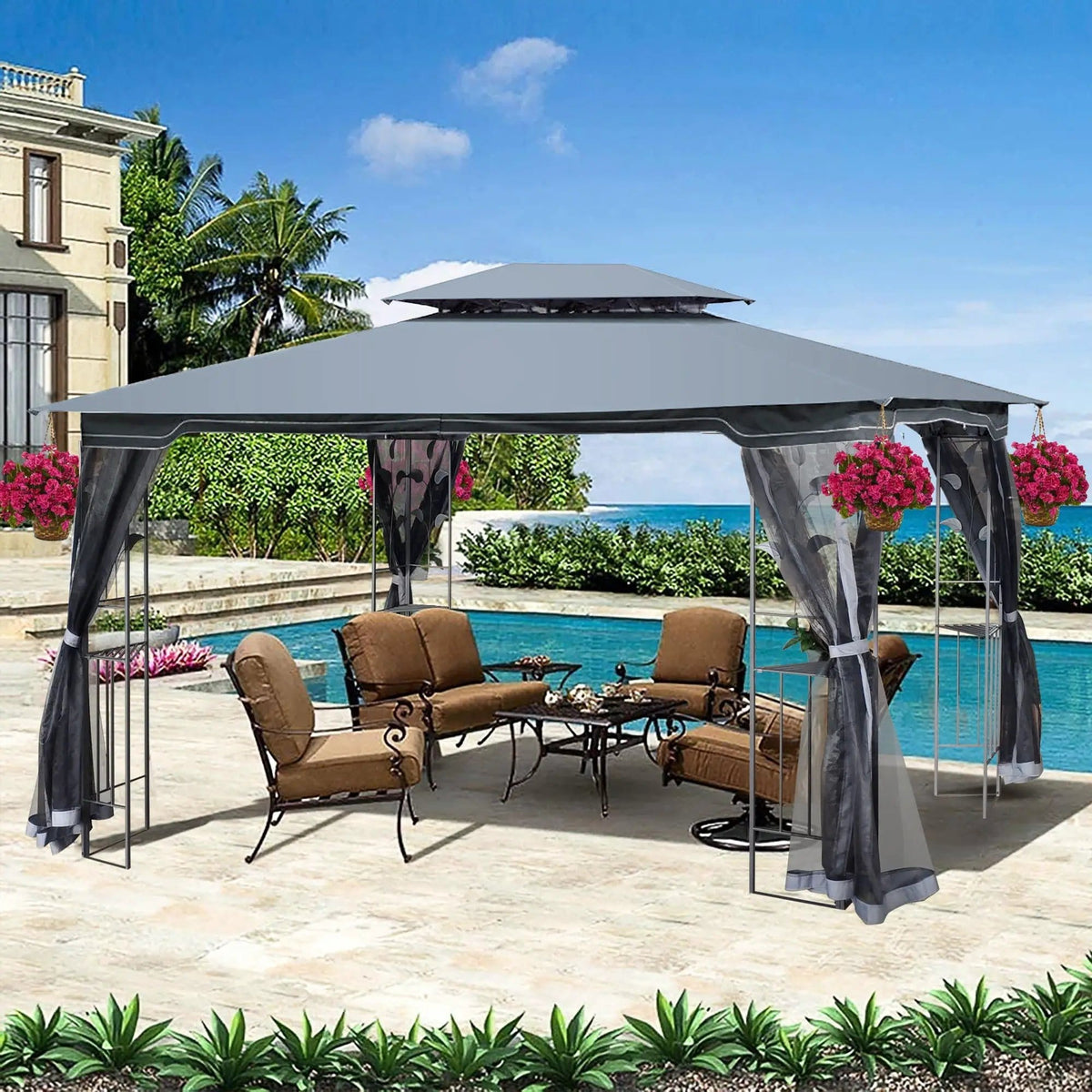 Patio Gazebo Tent With Ventilated Double Roof And Mosquito Net For Backyard Or | 2 Pieces | Steel & Iron | Outdoor Living