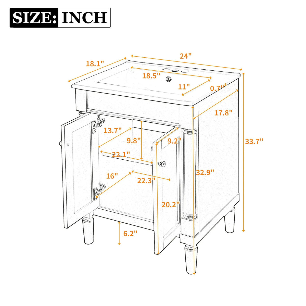 24 Inch Bathroom Vanity With Top Sink | 2 Tier Storage Cabinet | Retro Metal Handles | Soft-Closing Hinges