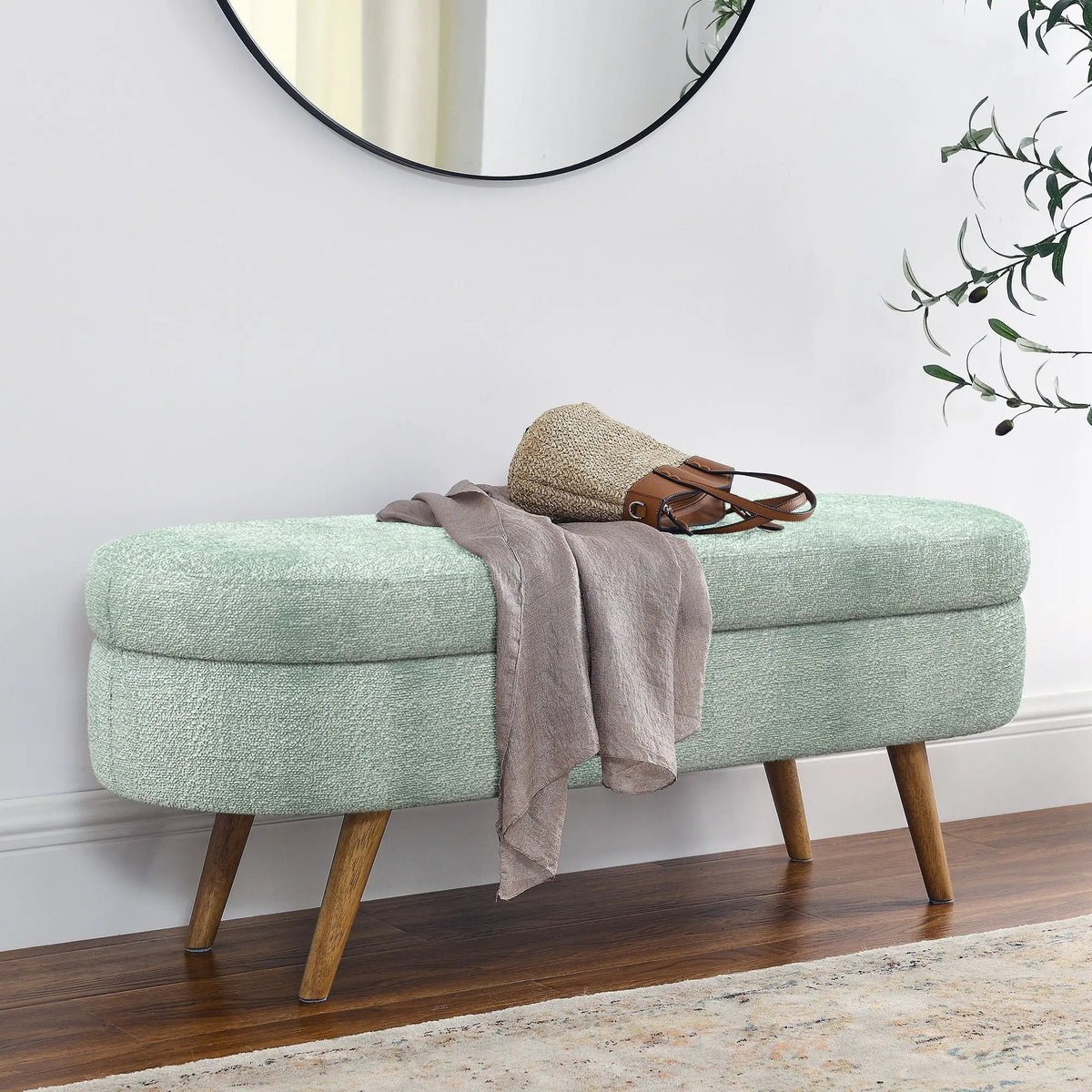 Oval Storage Ottoman Bench | Rubber Wood Legs | Pleated Dark Fabric | Footstool Or Extra Seating