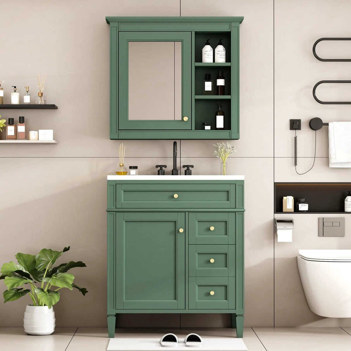 Bathroom Vanity With Top Sink, 2 Doors And 3 Drawers, Freestanding Set With Mirror | Vanity & Cabinet | Solid Wood & Ceramic | Bathroom