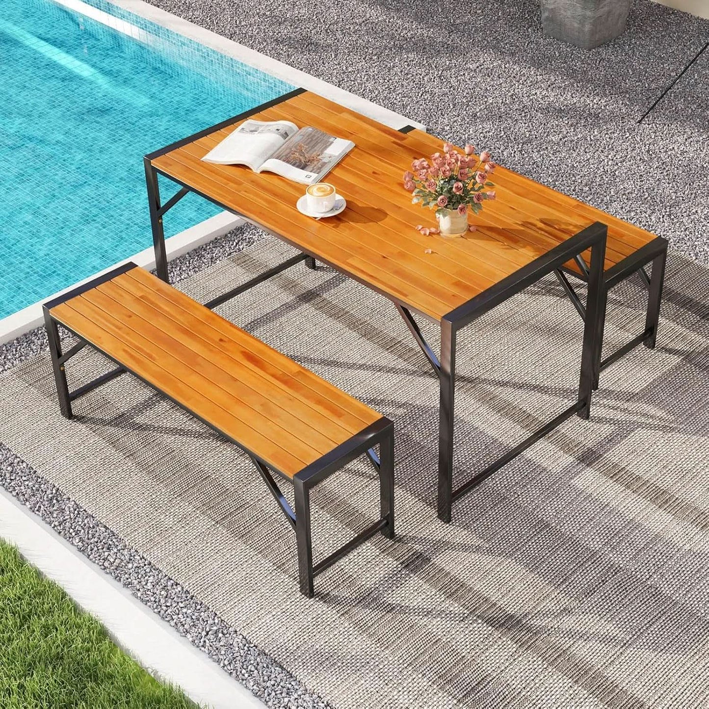 3 Piece Patio Dining Set For Six With 53 Inch Acacia Wood Table And Space Saving Benches from PriceLows™