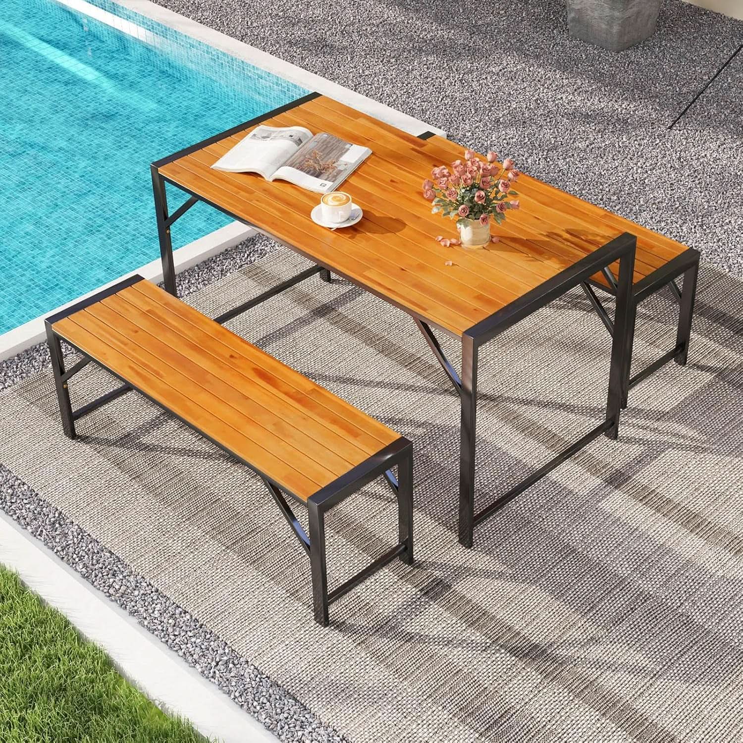 3 Piece Patio Dining Set For Six With 53 Inch Acacia Wood Table And Space Saving Benches from PriceLows™