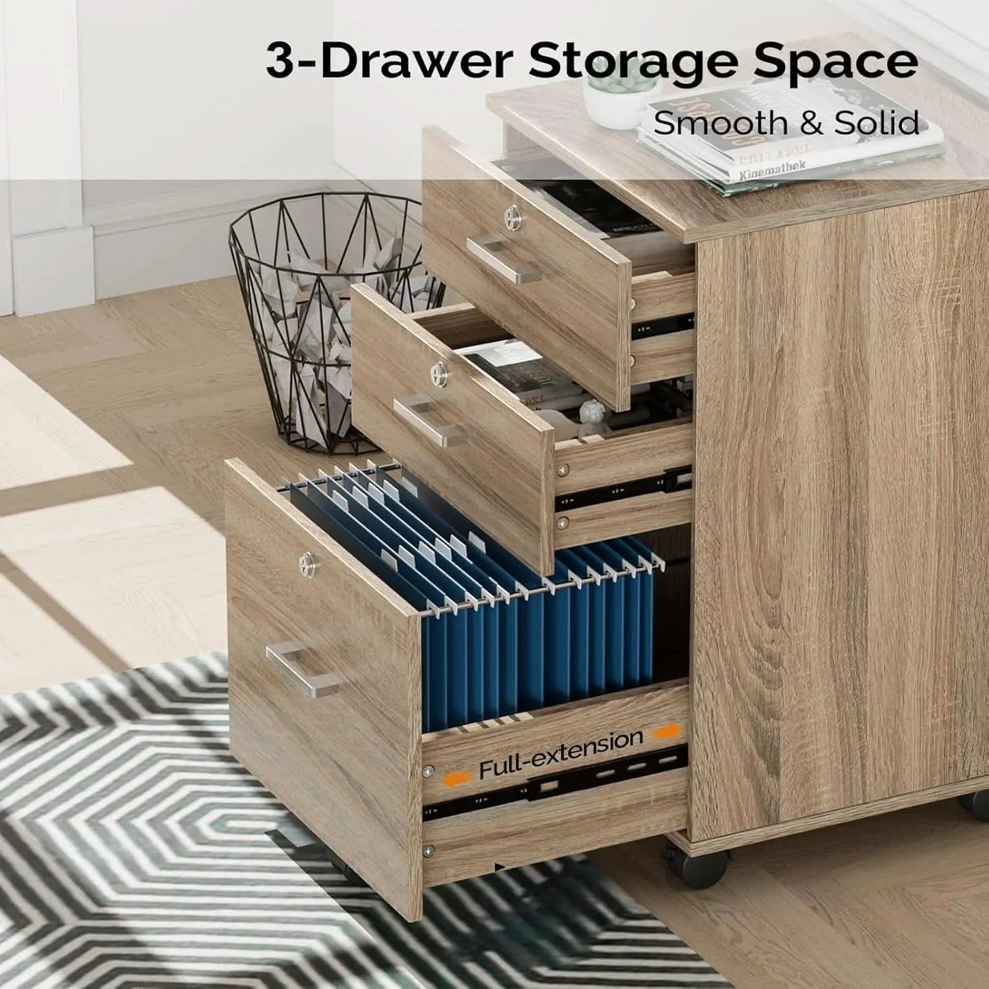 Oak 3 Drawer File Cabinet With Lock Rolling Printer Stand from PriceLows™
