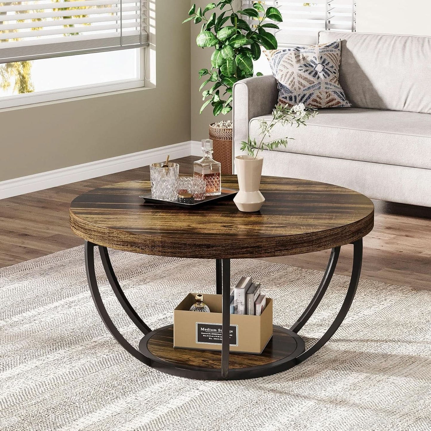Round Coffee Table 31.7Inches Rustic Brown Storage from PriceLows™