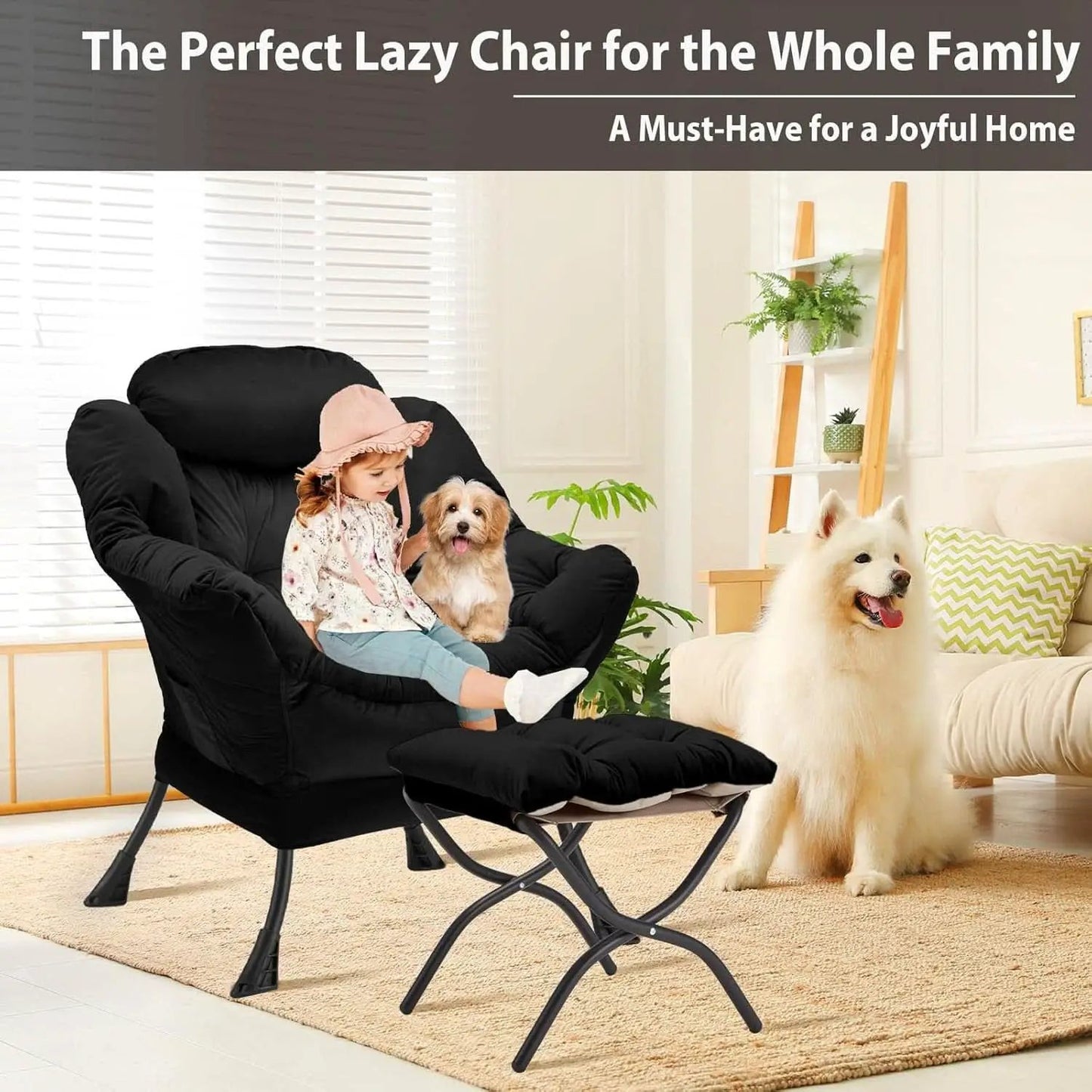 Black Velvet Folding Ottoman Lounge Chair With Footrest from PriceLows™