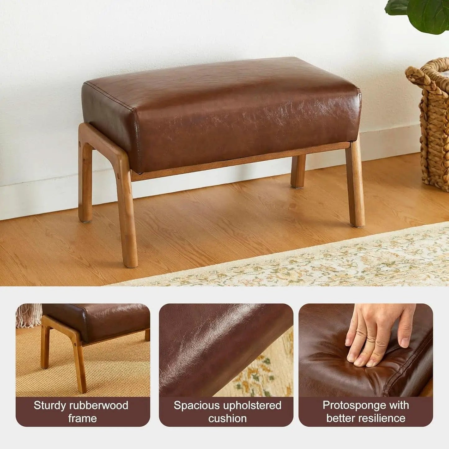 Rectangular Leather Ottoman Bench Twenty Four Point Five Inches Walnut from PriceLows™