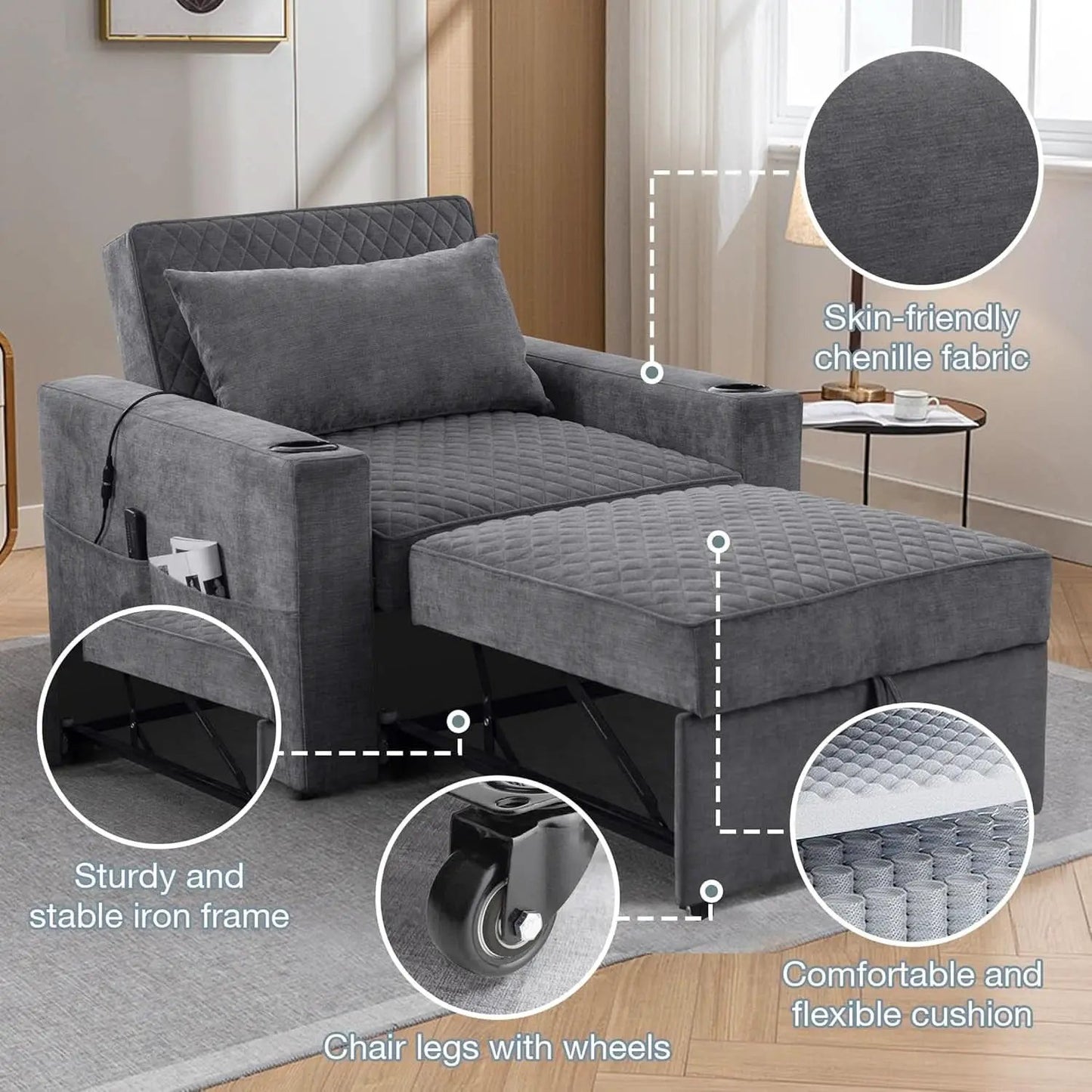 Light Grey Multifunctional Convertible Sofabed With Massage from PriceLows™