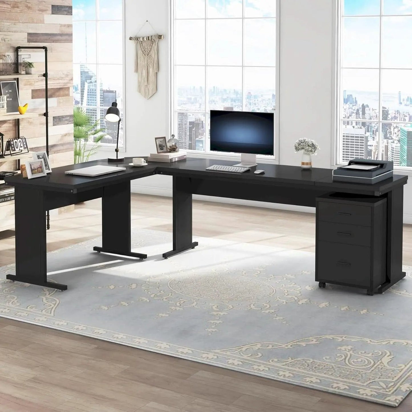 83 Inch L Shaped Executive Desk With 3 Drawer Cabinet from PriceLows™