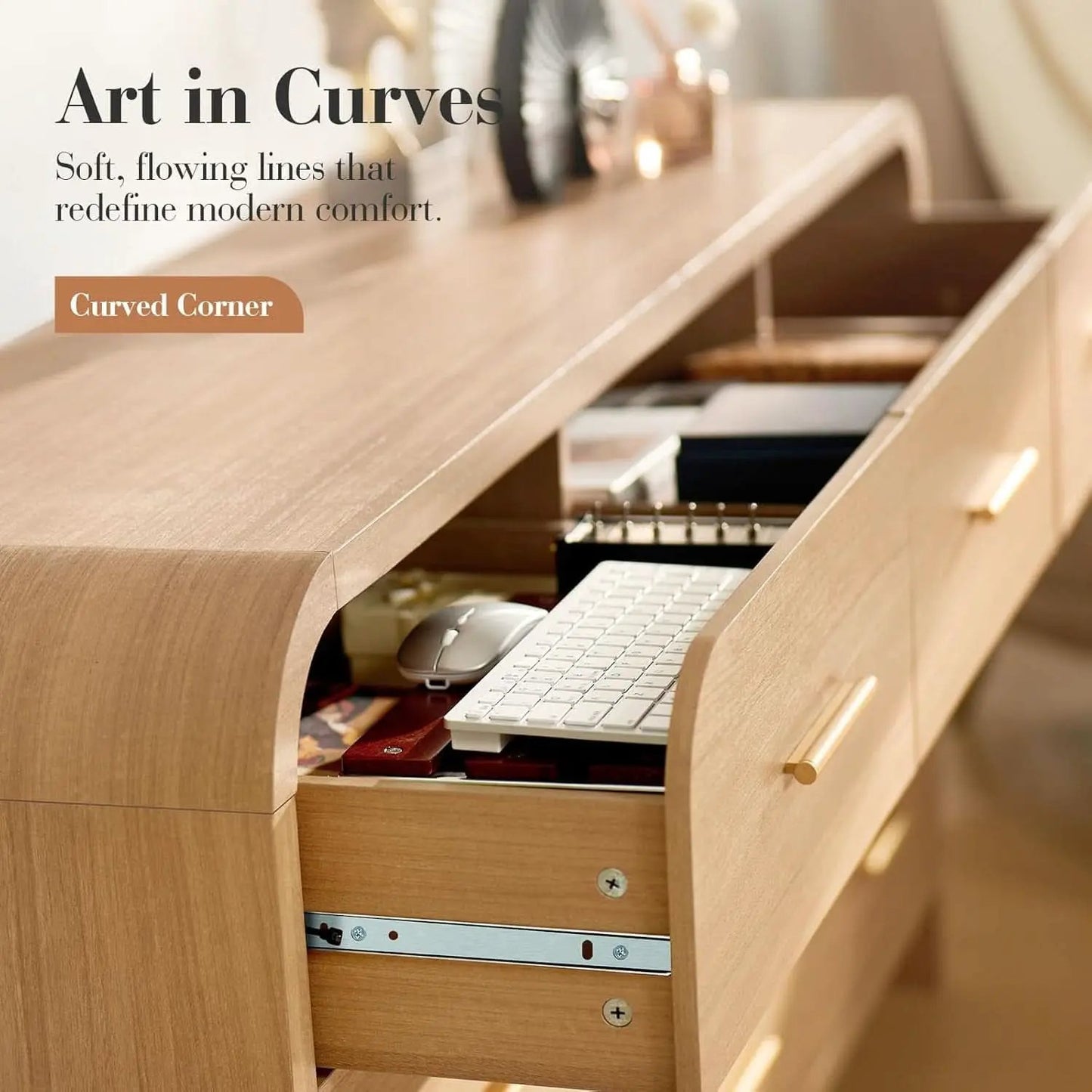 SolidOak Curved Nine Drawer Dresser SixtyThreeInches from PriceLows™