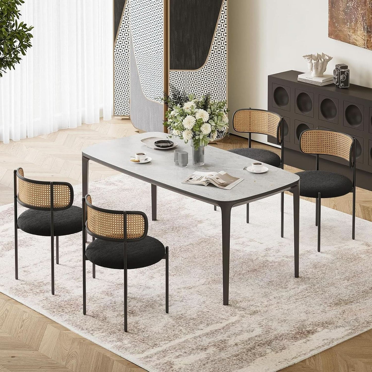 Set Of 4 Dining Chairs Mid Century Modern Rattan Back Upholstered Sherpa Black from PriceLows™