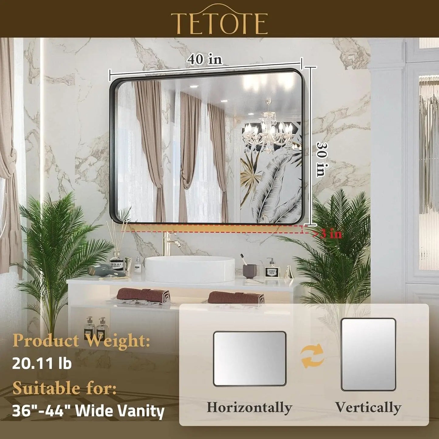 40 By 30 Inch Brushed Brass Bathroom Mirror Wall Mounted from PriceLows™