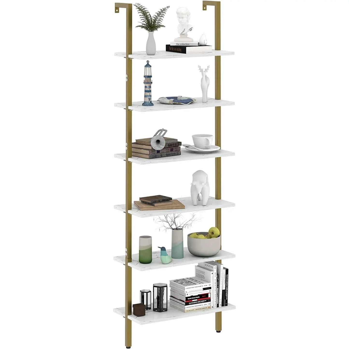Marble White 6 Tier Ladder Shelf Bookcase Wall Mounted from PriceLows™