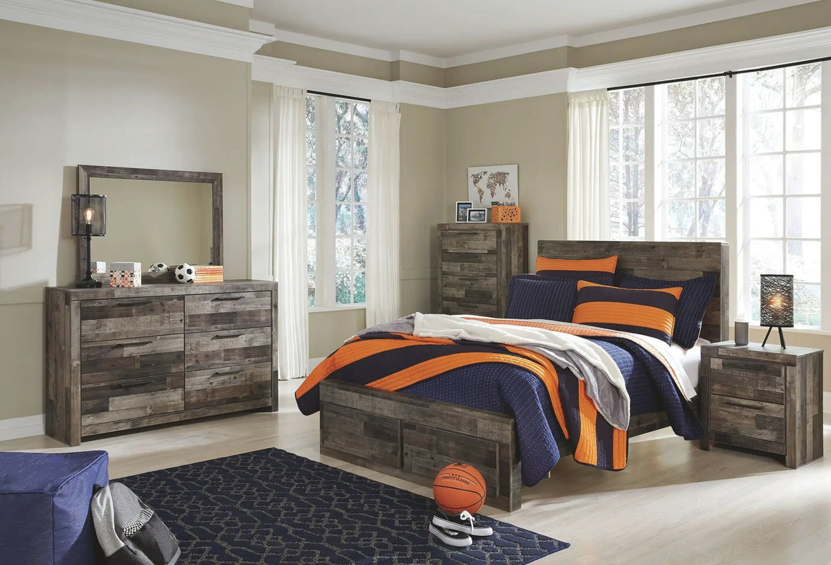 Derekson Youth Panel Bedroom Set | 4-Piece | Rustic Butcher Block Finish | Replicated Pine Grain