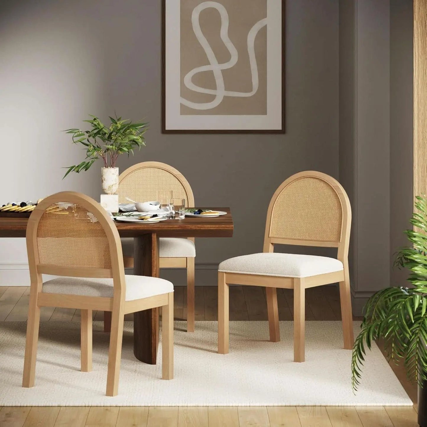 Bailey 19 Inch Boucle Dining Chair With Rattan Back And Wood Legs from PriceLows™