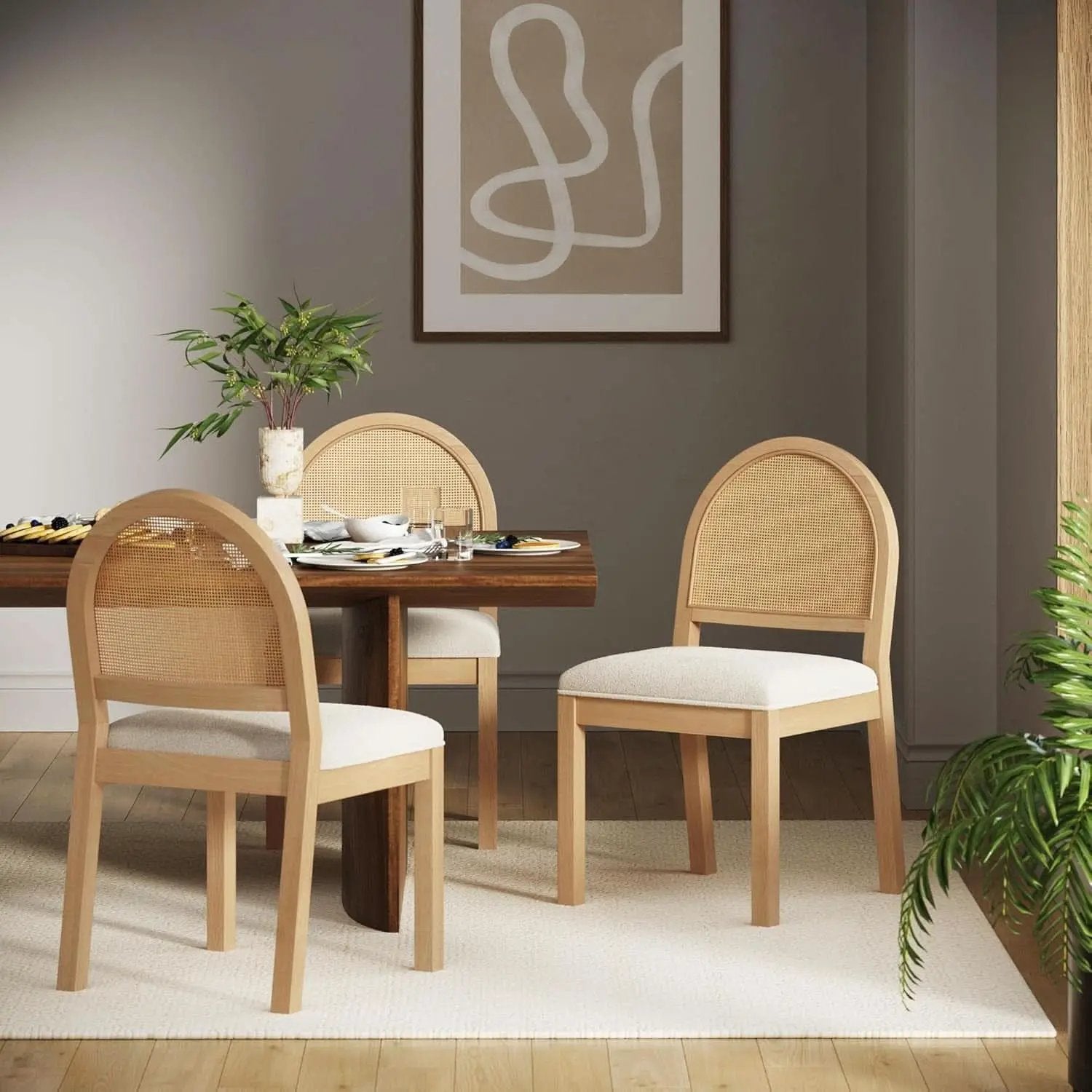 Bailey 19 Inch Boucle Dining Chair With Rattan Back And Wood Legs from PriceLows™