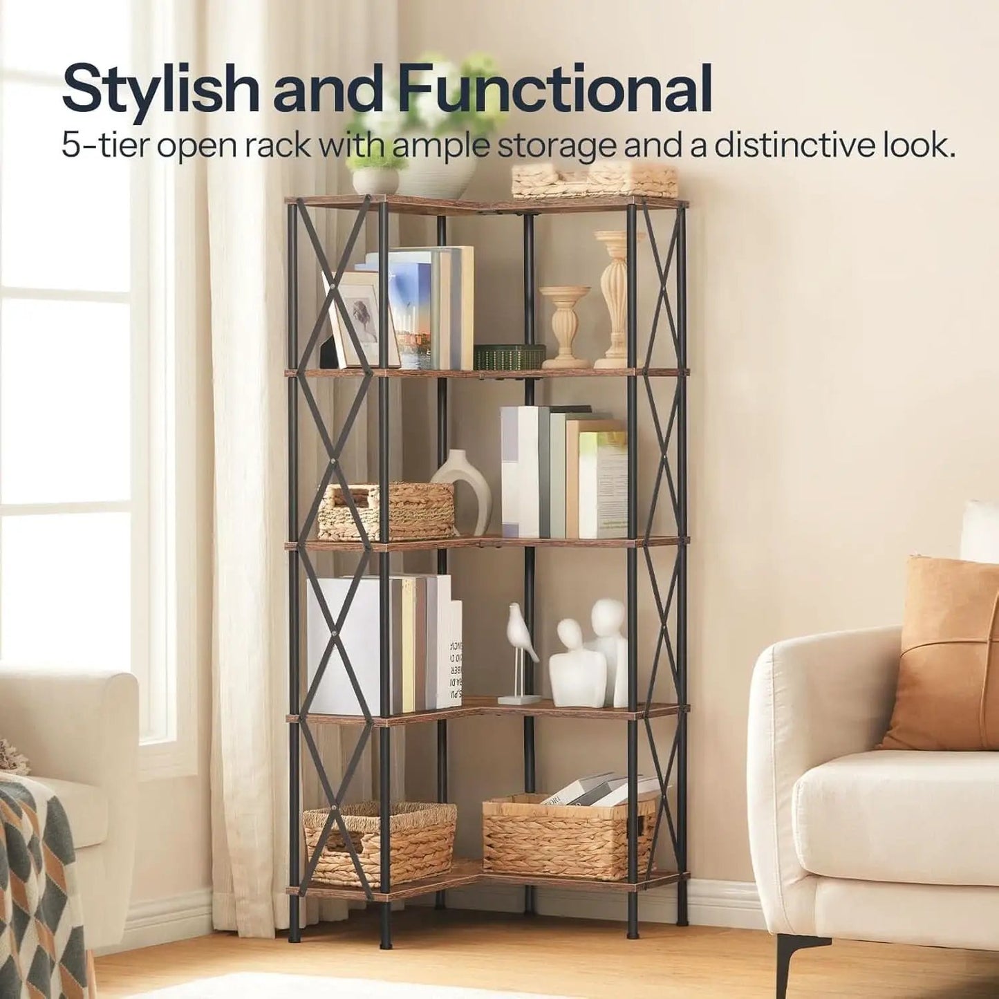 Corner Bookshelf 5-Tier L-Shaped Industrial Bookcase In Rustic Brown from PriceLows™