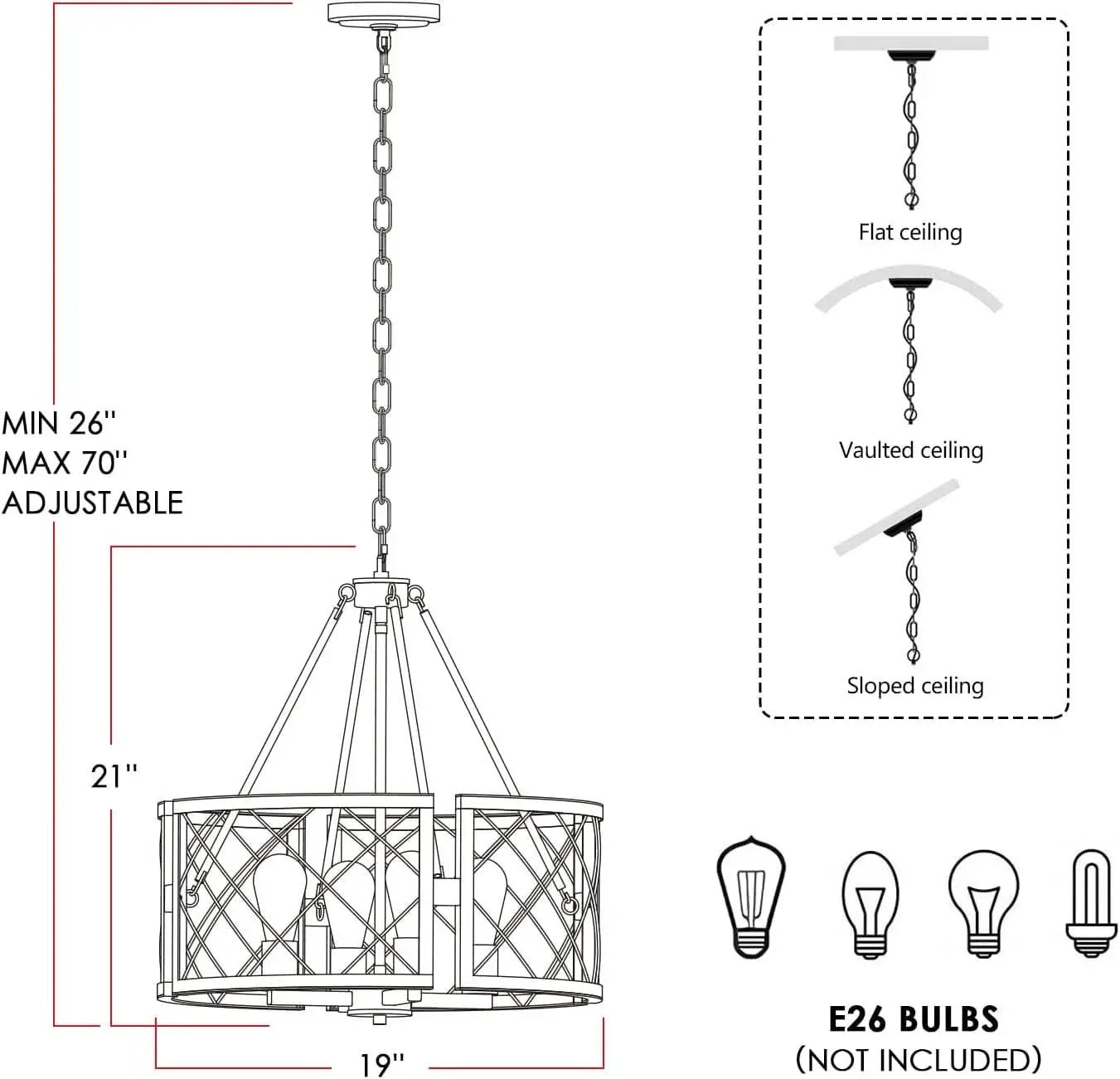 D19 Inch Farmhouse Chandelier 4 Light Pendant Black Oak from PriceLows™