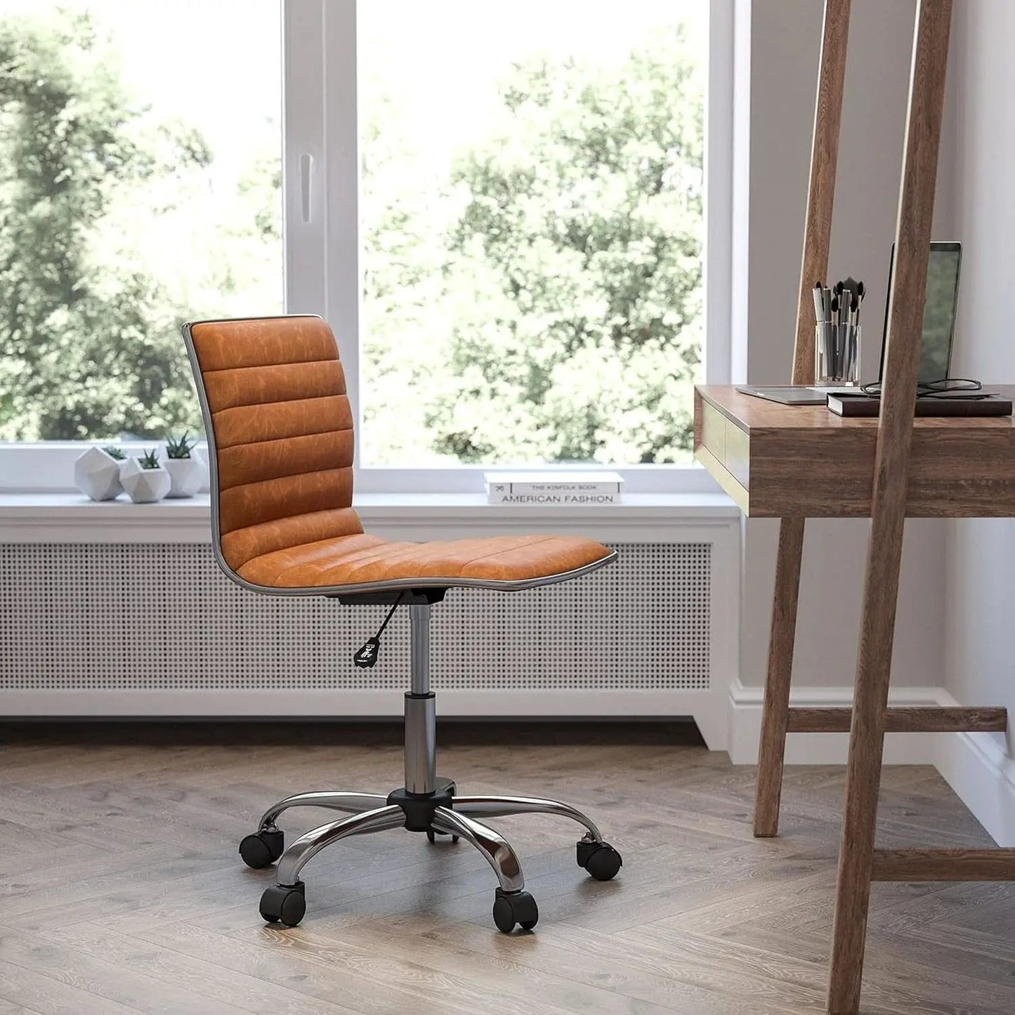 Brown Vinyl Office Task Chair With Chrome Frame Modern from PriceLows™