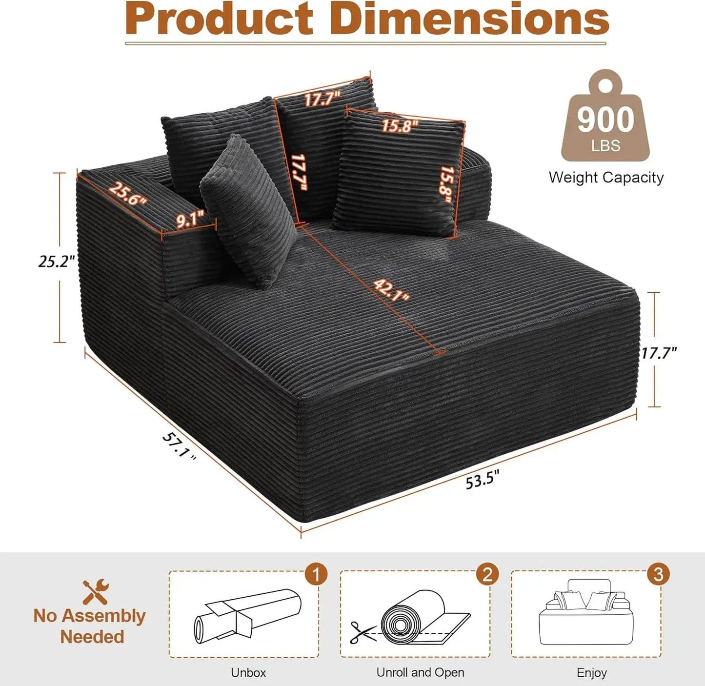 57Inch Luxuriously Plush Corduroy Chaise Lounge Grey from PriceLows™