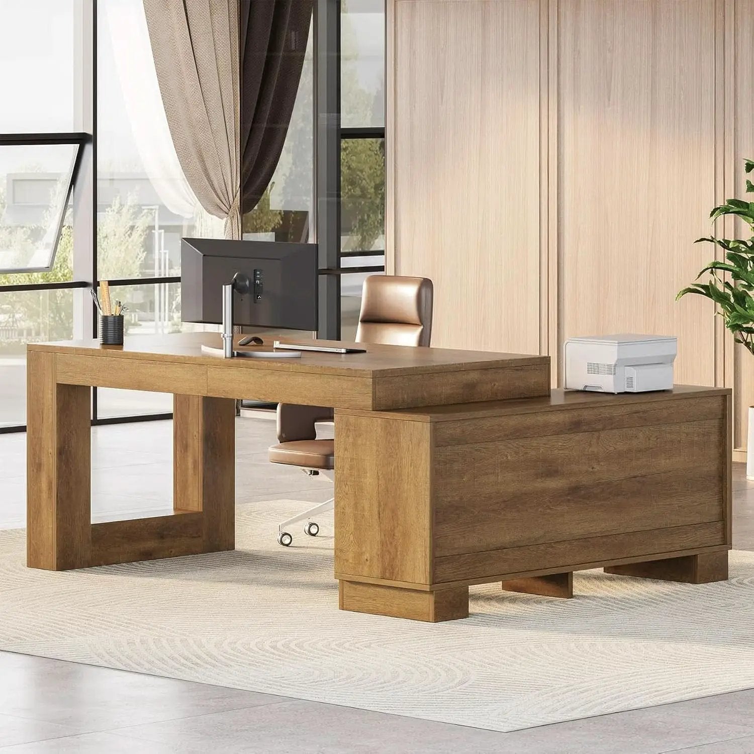 Brown 63 Inch Long L Shaped Desk With Sliding Cabinets from PriceLows™