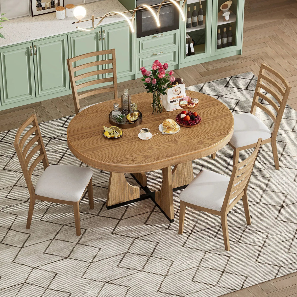 Round Dining Table Set | Extendable Top | 4 Chairs Included | 4 Seater
