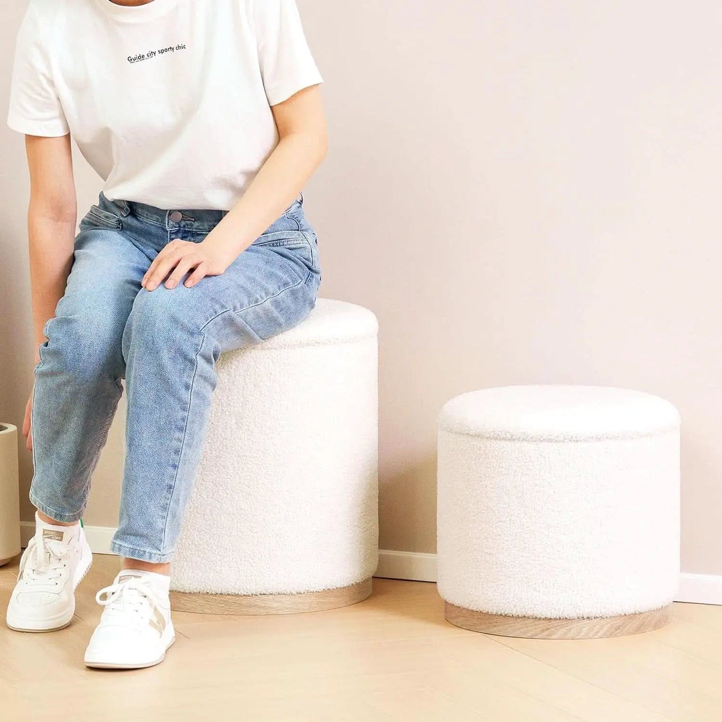 White Velvet Round Storage Ottoman FifteenInches Compact from PriceLows™