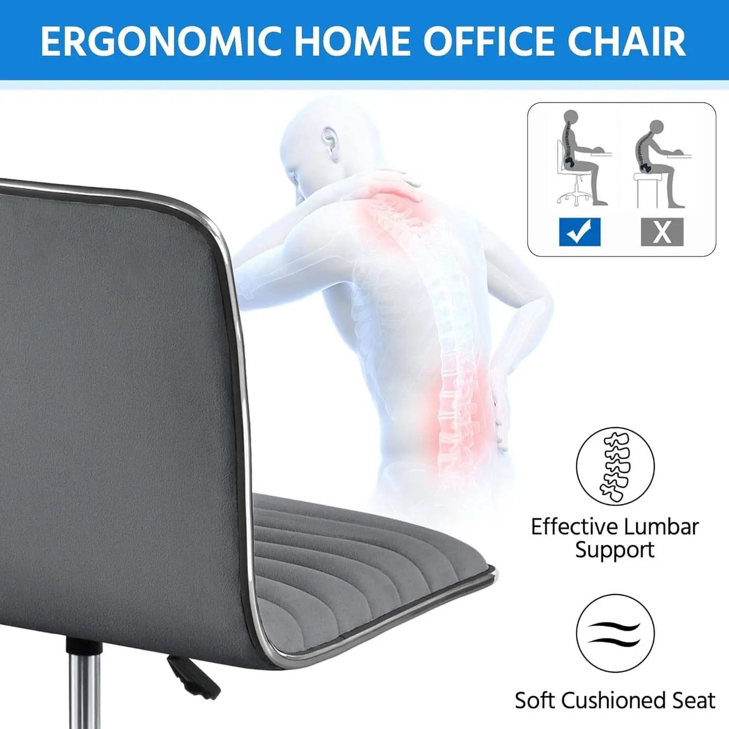 Dark Gray Velvet Armless Swivel Chair Height Adjustable from PriceLows™