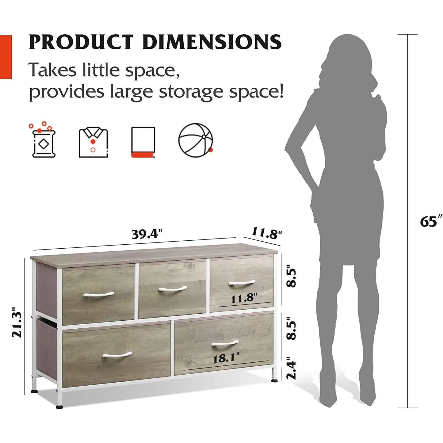 5 Drawer Wide Fabric Dresser Organizer With Wood Top from PriceLows™