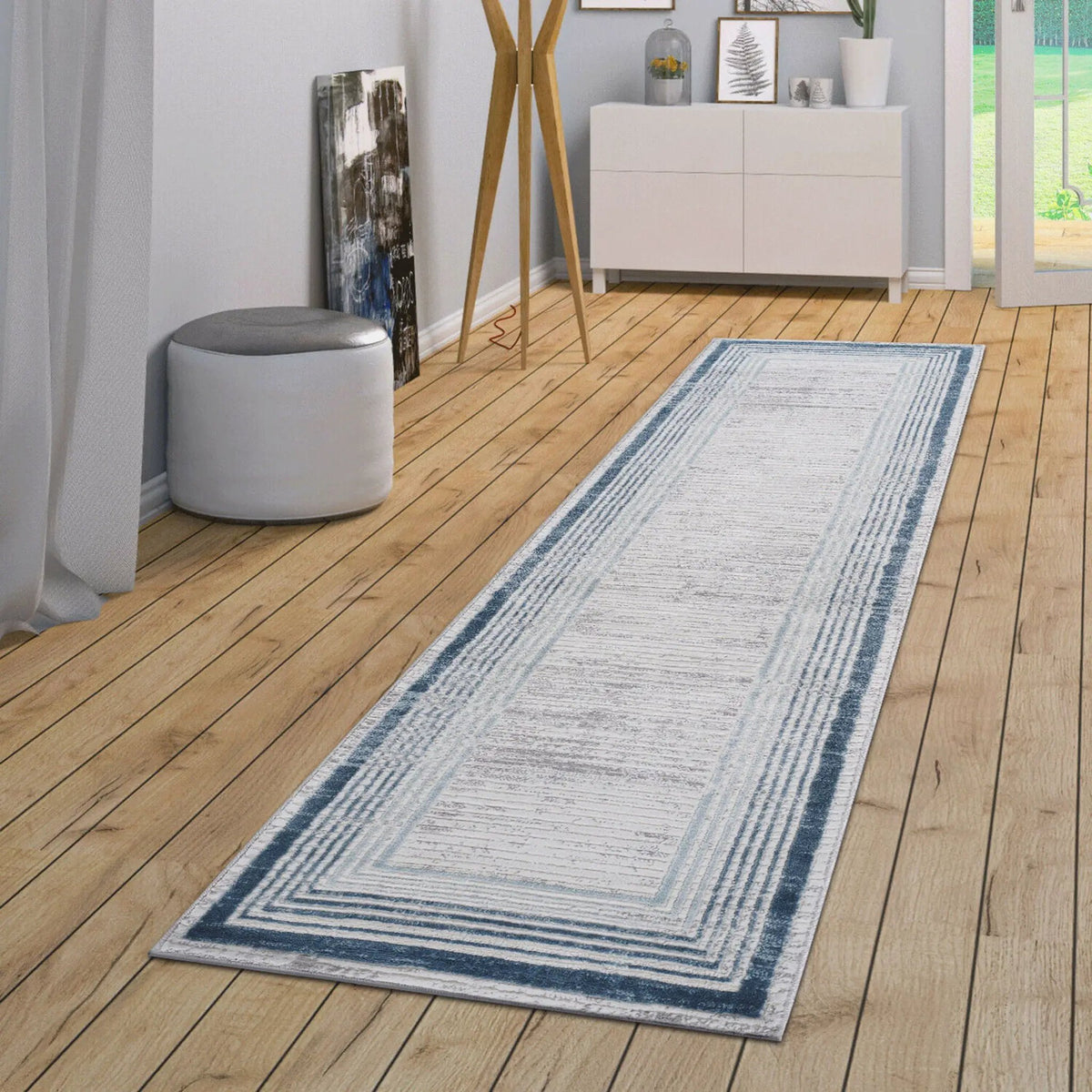 Marfi Bordered Runner Rug | 96 x 26 Inch | Stain Resistant | Non-Shedding Machine-Woven