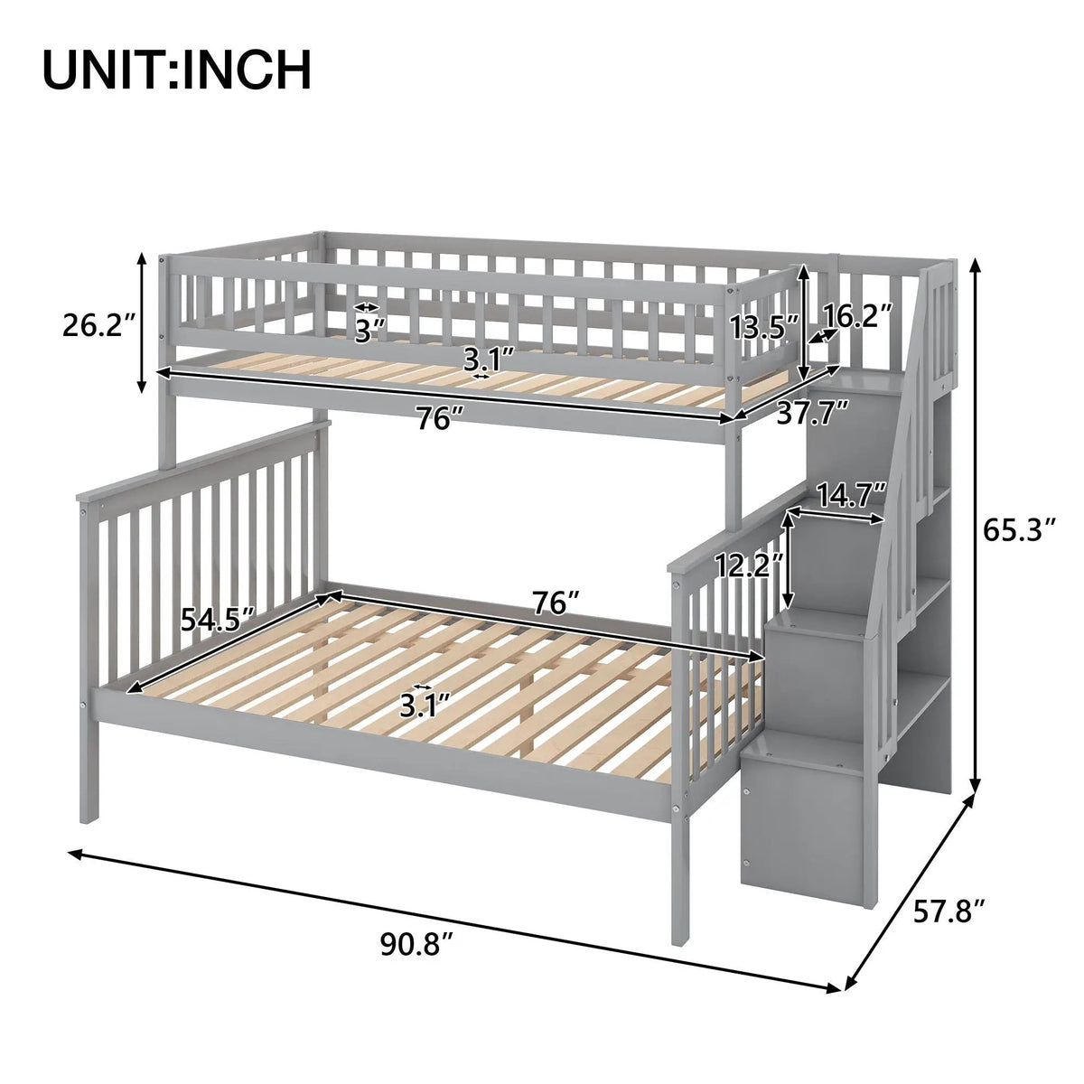 Twin Over Full Bunk Bed | Built In Staircase | Steel Frame