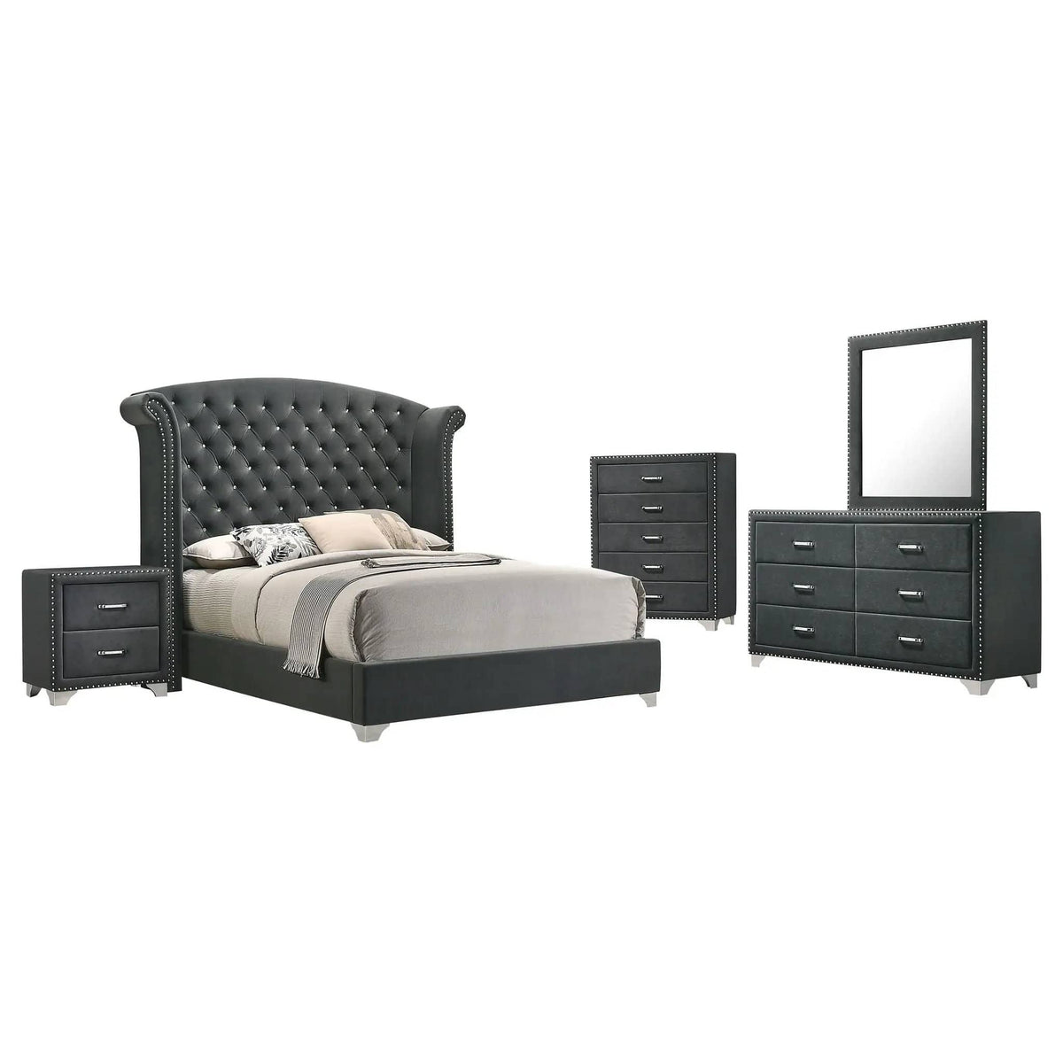 Melody 5-piece Queen Bedroom Set | 5-Piece Set | Velvet | Grey