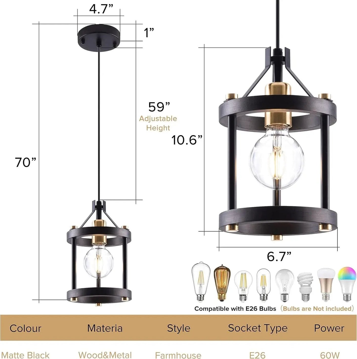 Black Farmhouse Pendant Lights With Adjustable Cords from PriceLows™