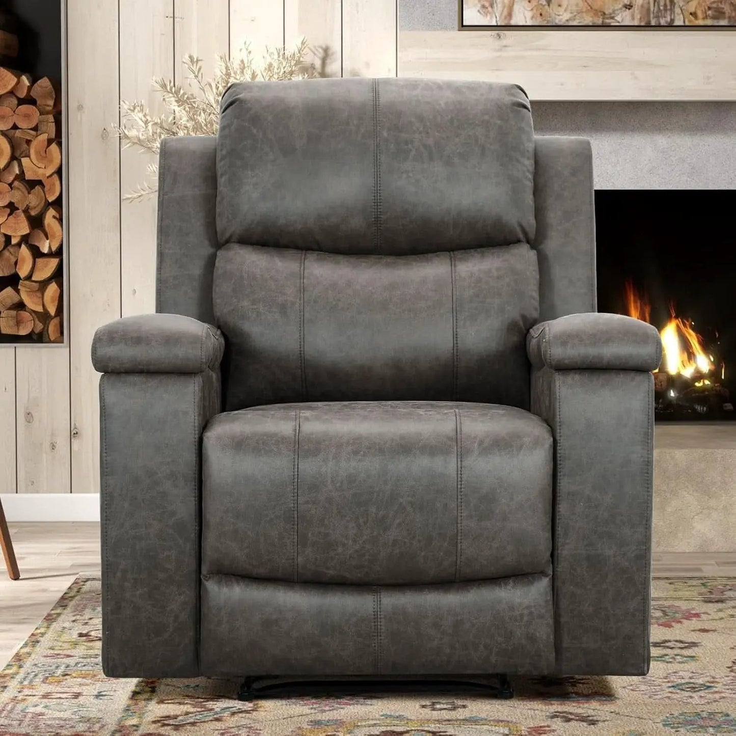 Grey Leather Recliner Chair With Cup Holders Living Room from PriceLows™