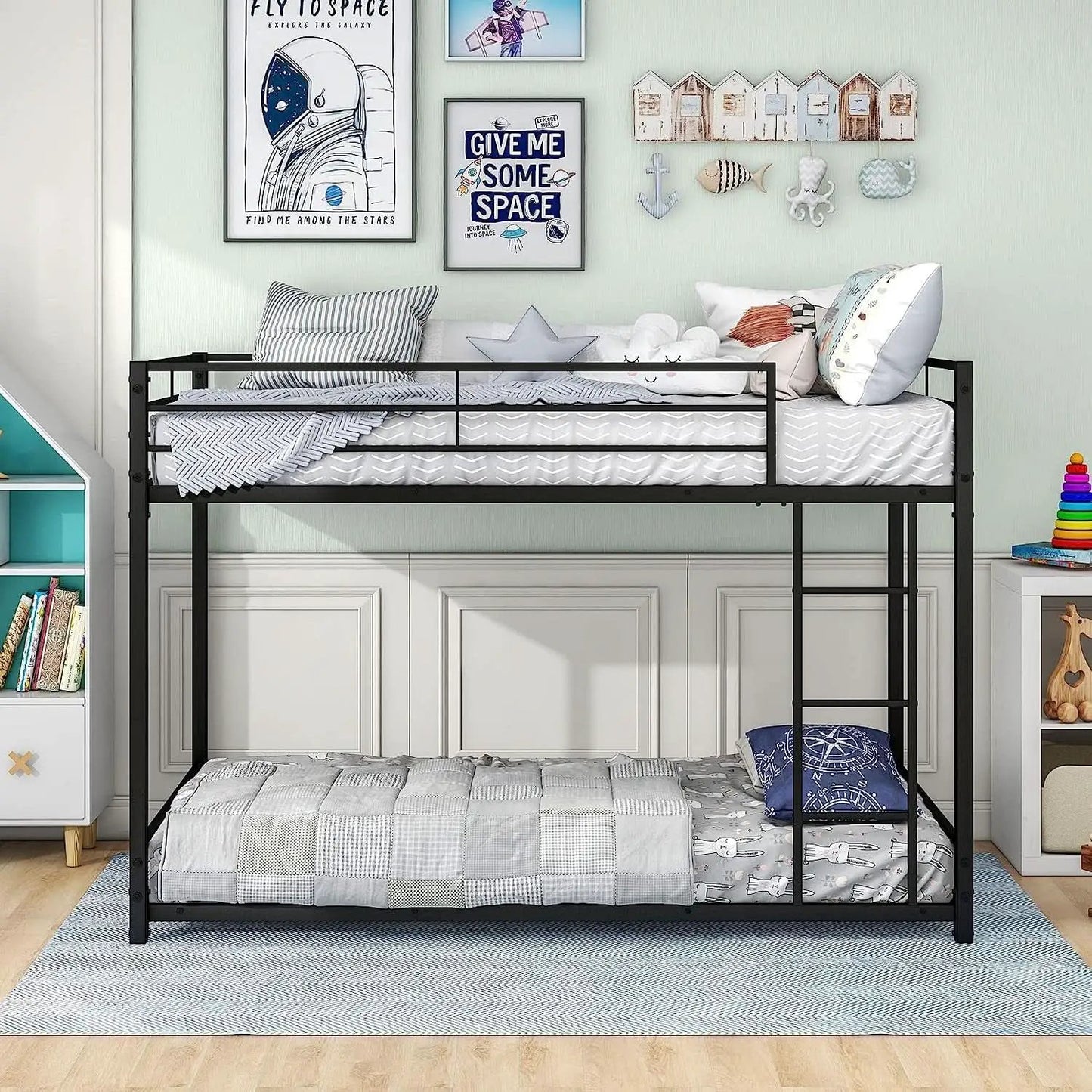 Twin Metal Low Bunk Bed With Guard Rails And Ladder from PriceLows™