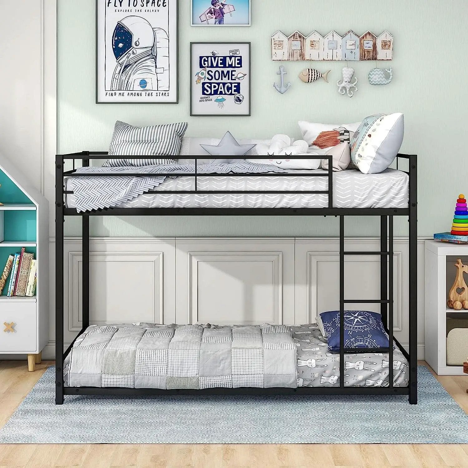Twin Metal Low Bunk Bed With Guard Rails And Ladder from PriceLows™