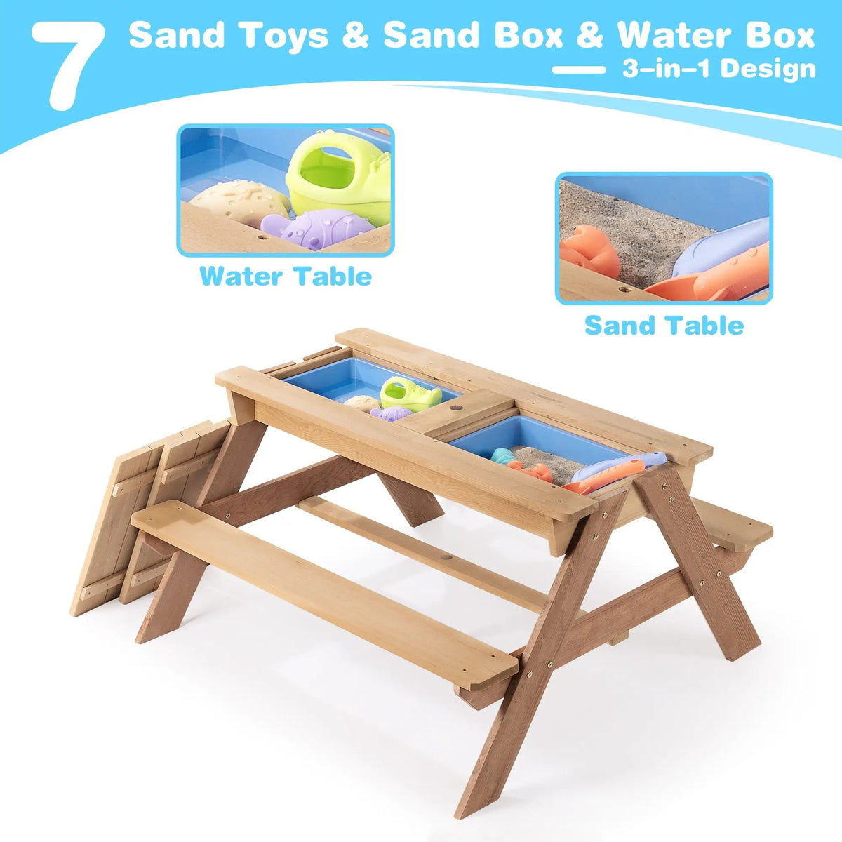 Kids Picnic Table With Umbrella | 3-In-1 Convertible Design | Natural Cedar Wood | Sand And Water Play