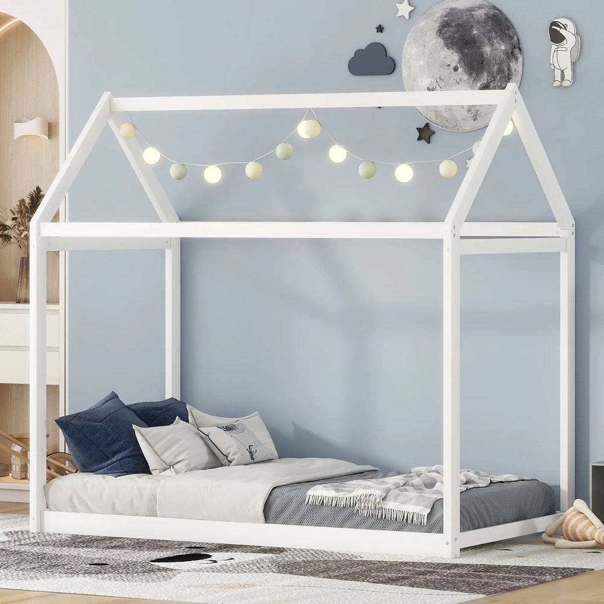 Wooden House Shaped Bed | Roof-Like Structure | Low Profile Design | 78.3 Inch Length
