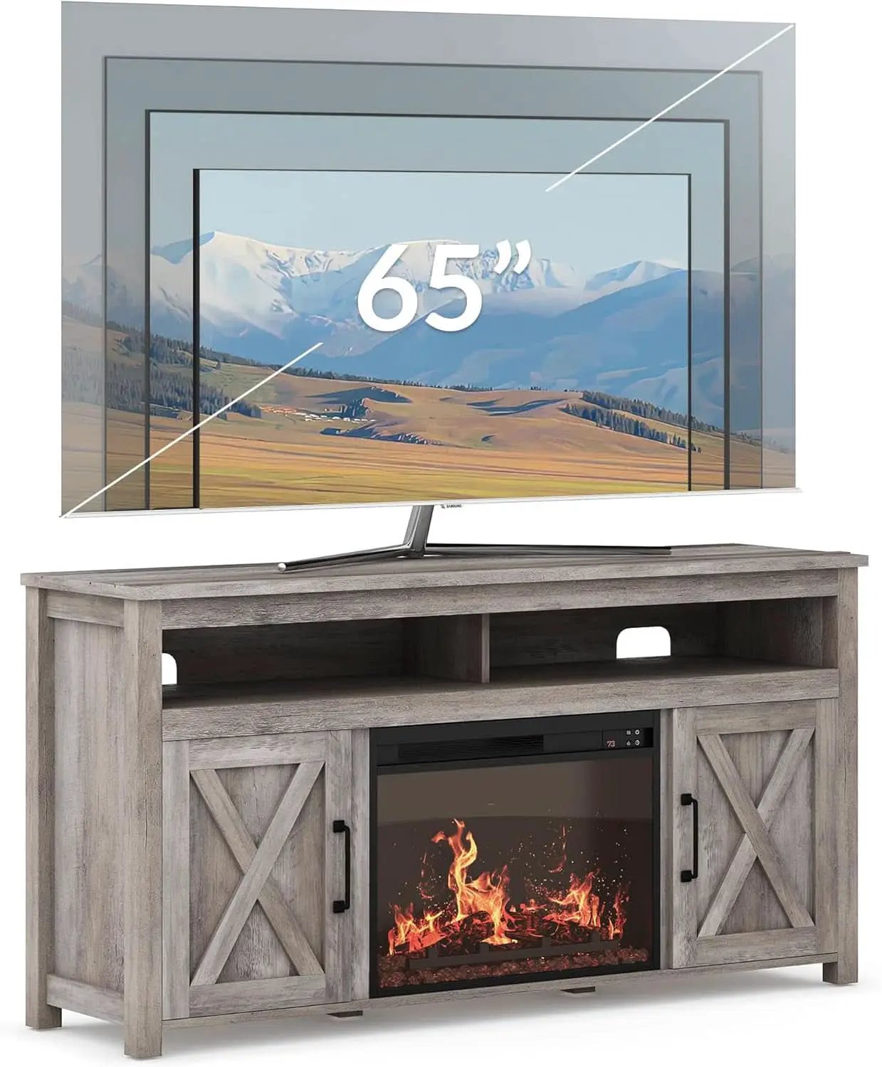 Barn Door Electric Fireplace TV Stand For 65 Inch TVs Gray from PriceLows™