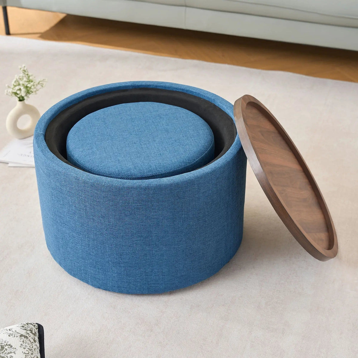 Nesting Ottomans, Round Coffee Table & Bench With Tray (Set of 2) | 4 Piece Living Room Set | Fabric & Wood | Living Room