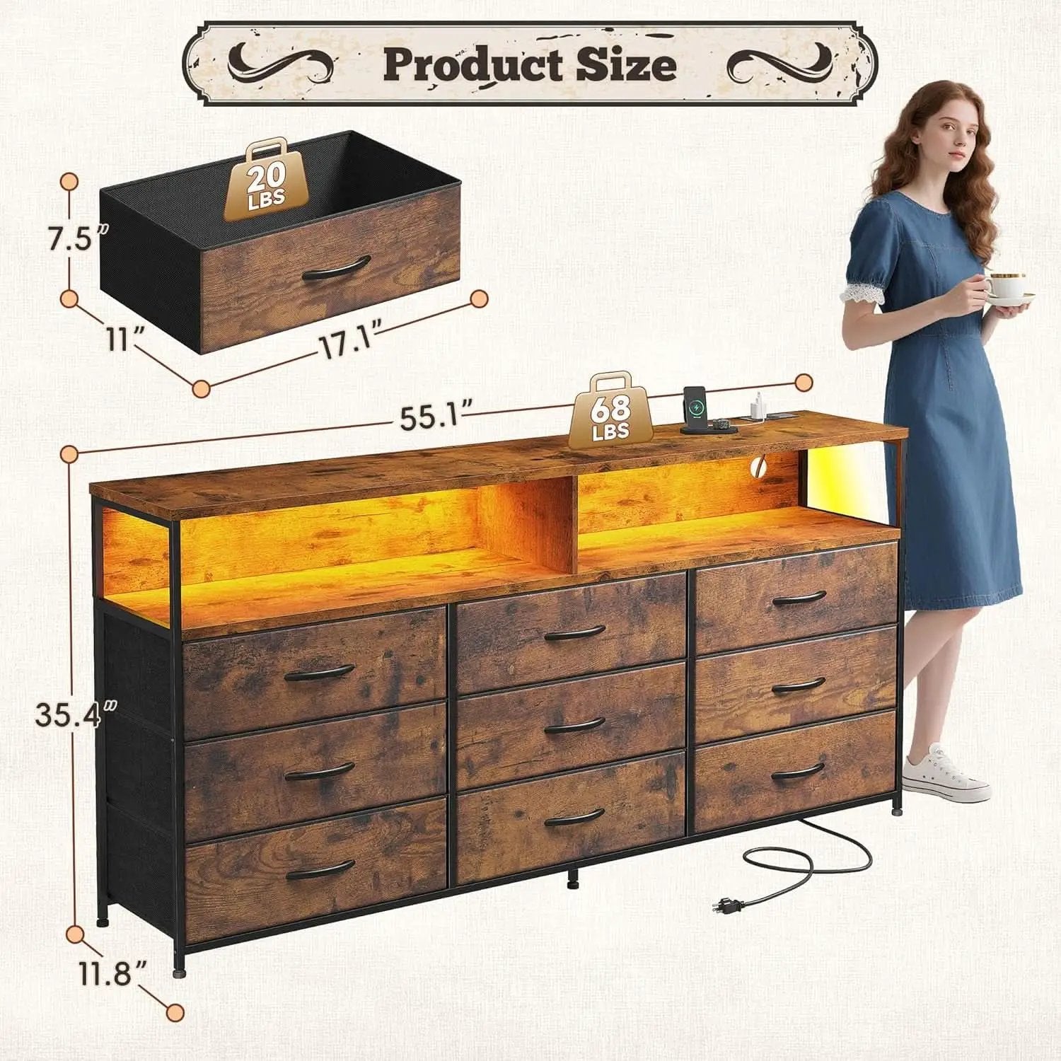 55 Inch Rustic Brown 9-Drawer Entertainment Dresser from PriceLows™