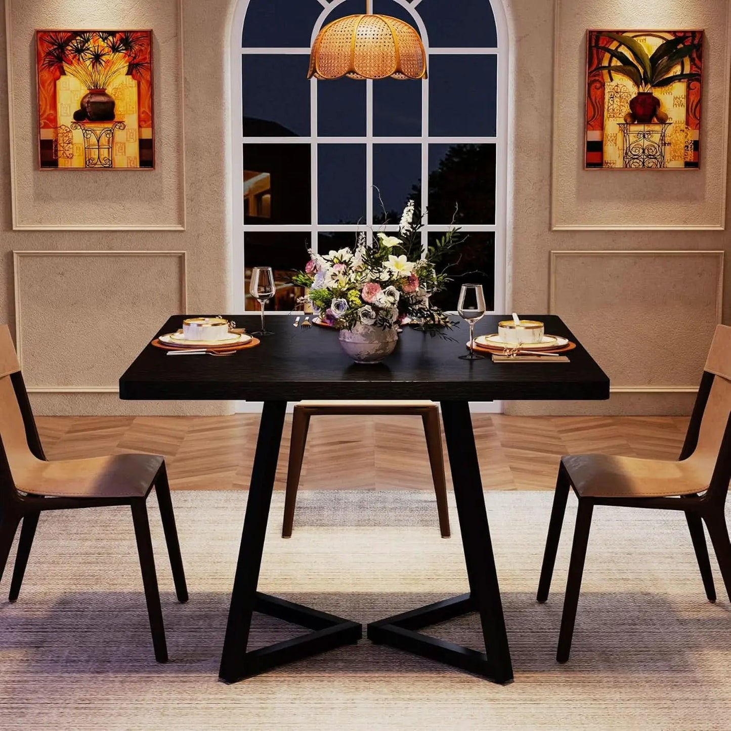 Square 31.5 Inch Industrial Dining Table Black Wood Panels from PriceLows™