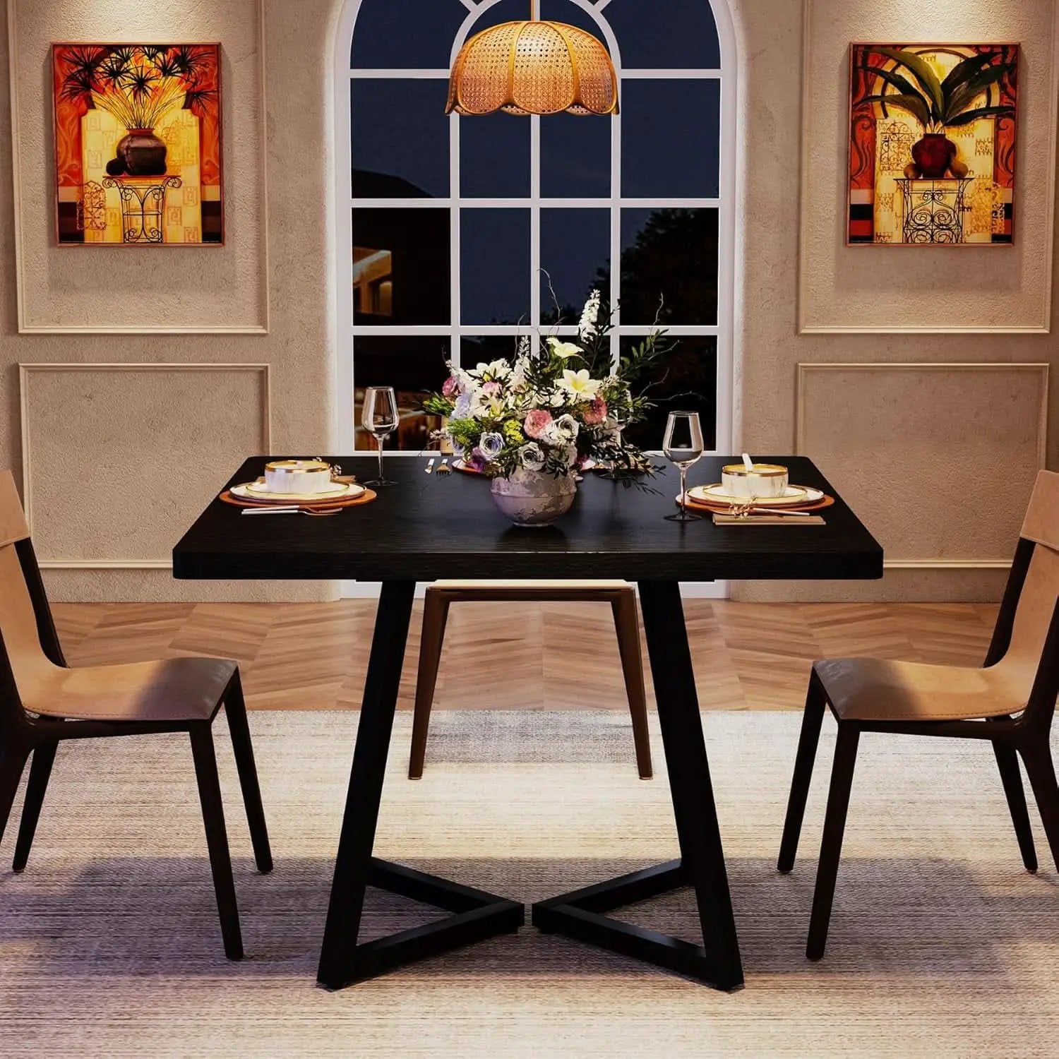 Square 31.5 Inch Industrial Dining Table Black Wood Panels from PriceLows™